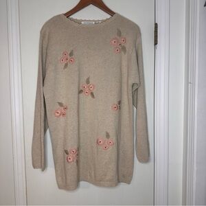 Liz Claiborne Collection Floral Embroidered Knit Sweater Beige Pink Flowers M